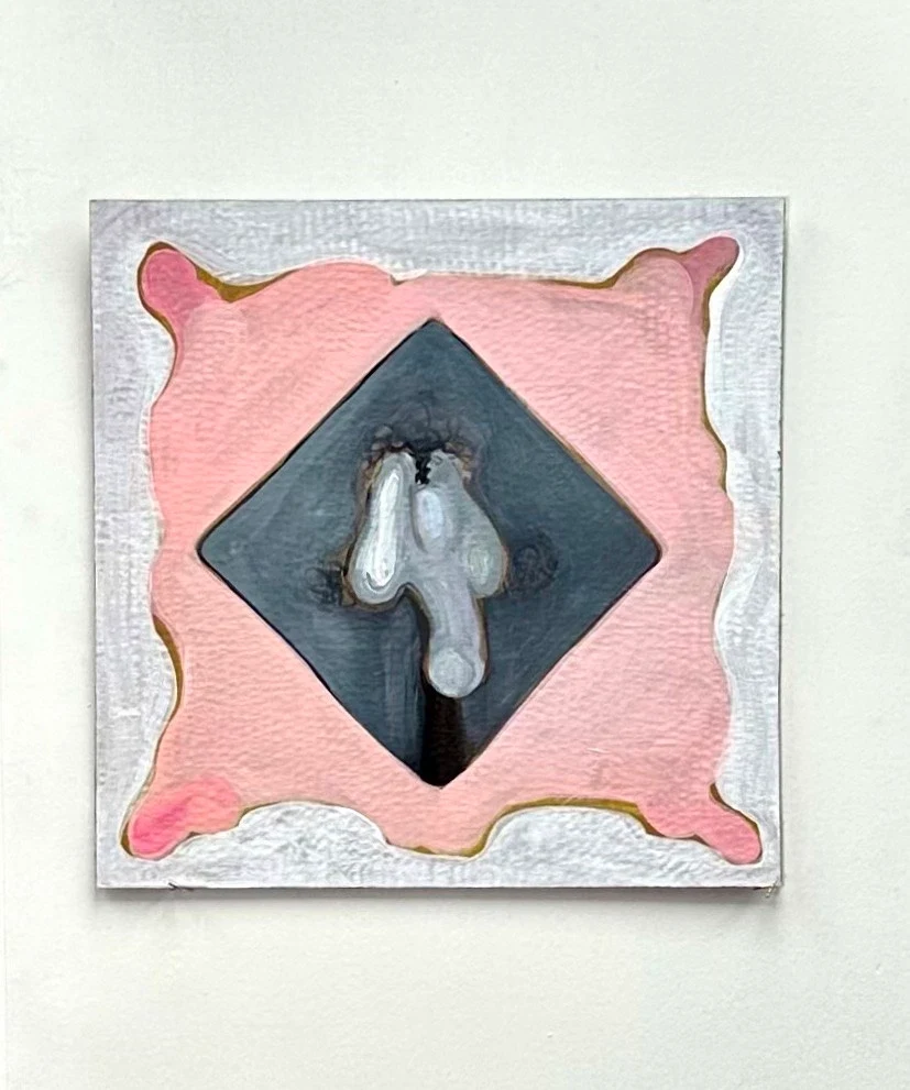 A square pink and gray work with a dark diamond and central folded form.