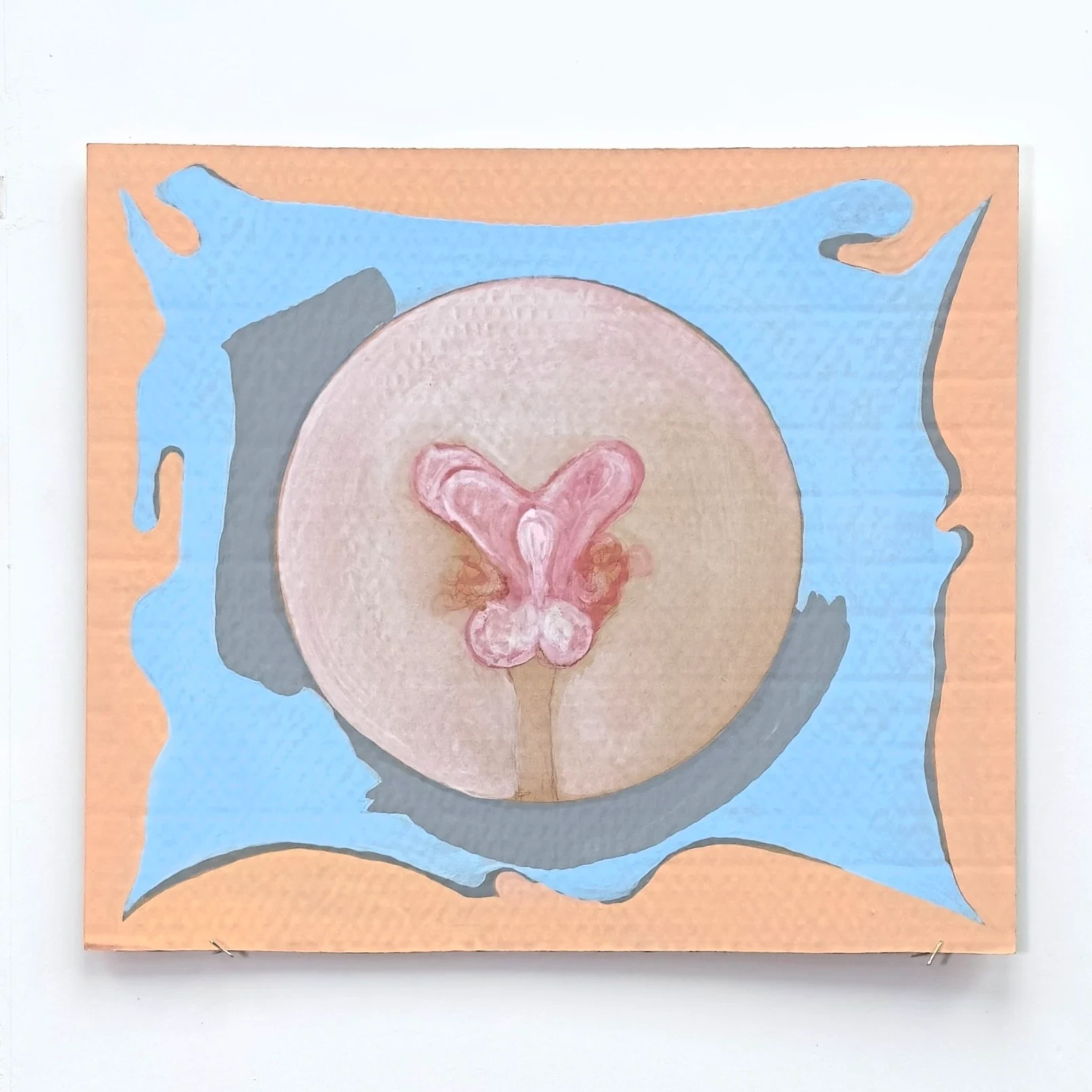 A blue and peach square work with a pink form in a gray circle.