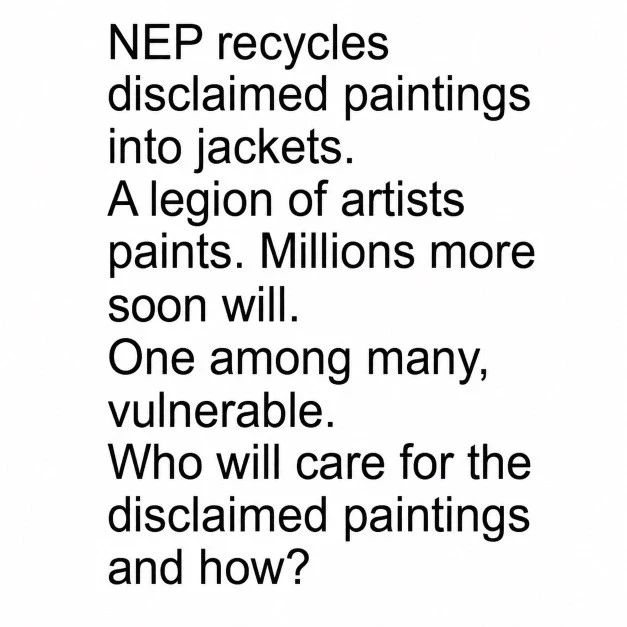 NEP recycles disclaimed paintings into jackets. A legion of artists paints. Millions more soon will. One among many, vulnerable. Who will care for the disclaimed paintings and how?