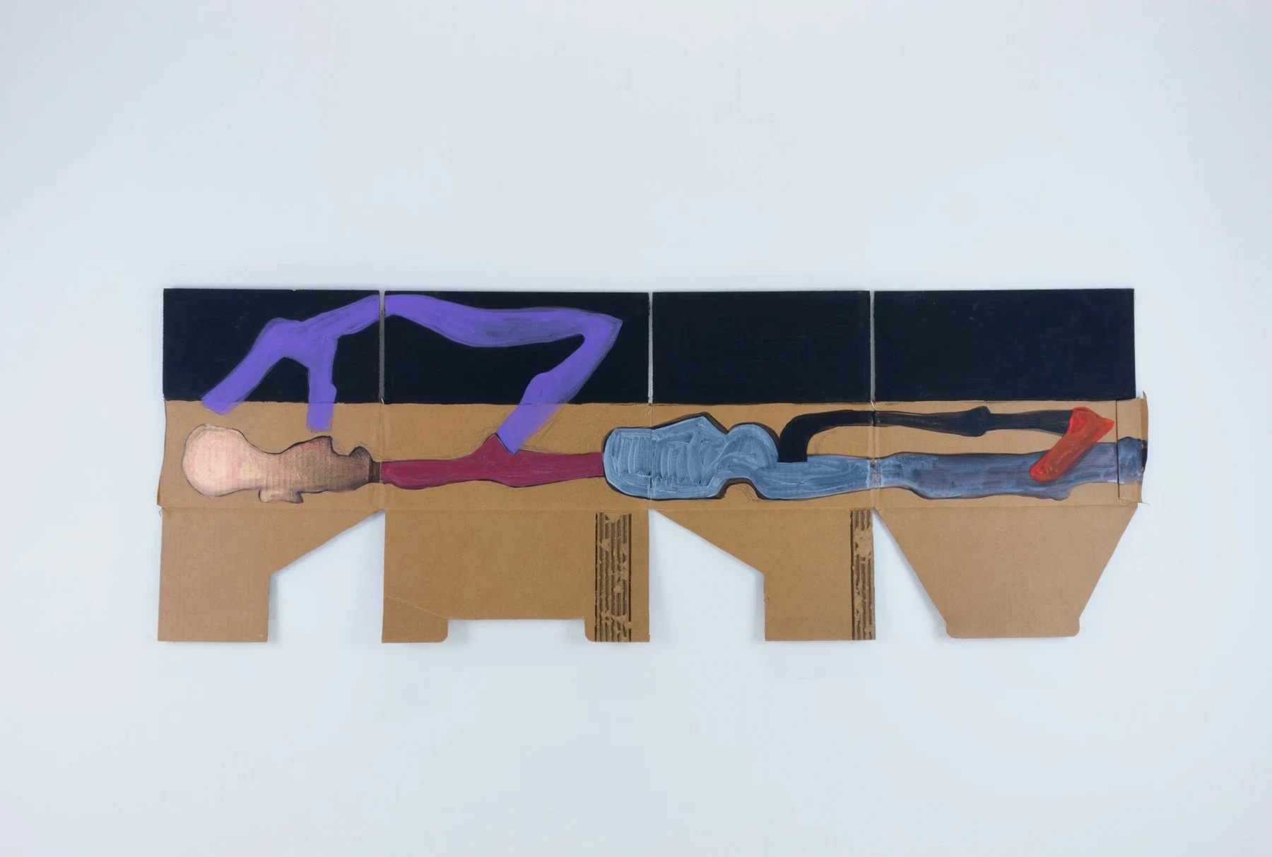 A long cardboard work with black panels, blue shapes and purple lines.